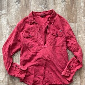 Mother Brick Red Button-Pocket V-Neck Casual Shirt